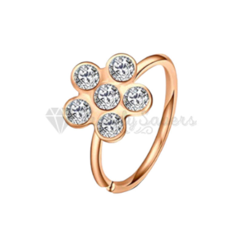 8MM Rose Gold Flower Round AAA Crystals Nose Stud Hoop Rings 925 Sterling Silver
