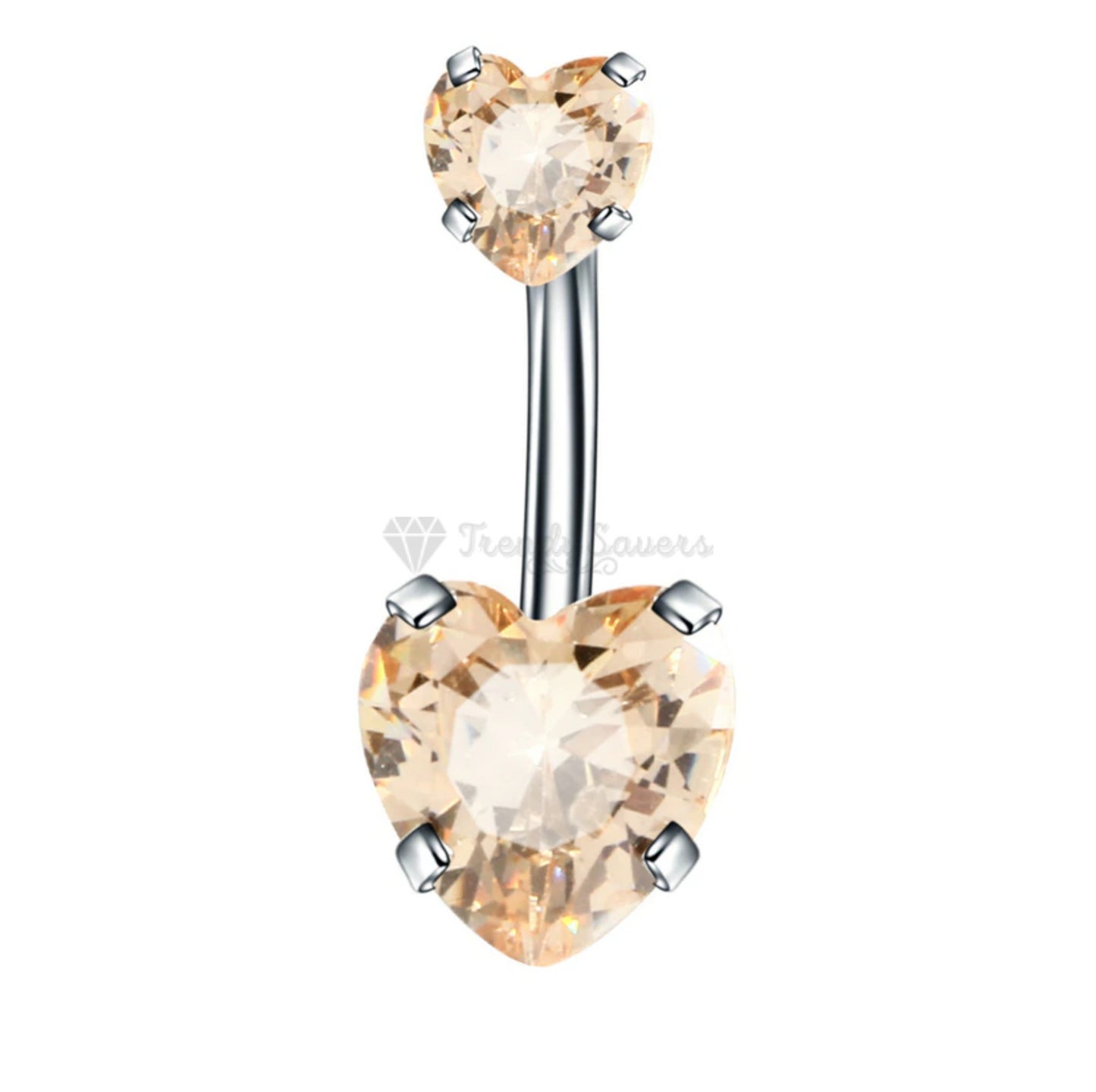 Hypoallergenic Champagne CZ Crystal Double Heart Barbell Belly Button Navel Ring