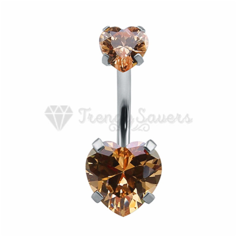 Hypoallergenic Champagne CZ Crystal Double Heart Barbell Belly Button Navel Ring