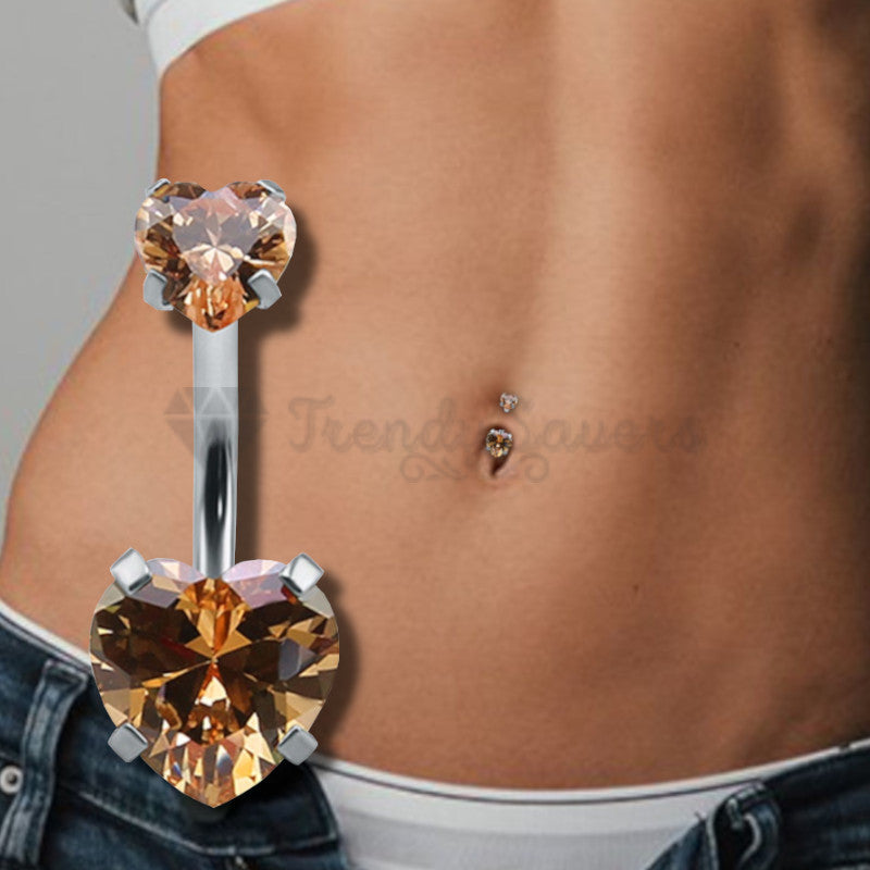 Hypoallergenic Champagne CZ Crystal Double Heart Barbell Belly Button Navel Ring