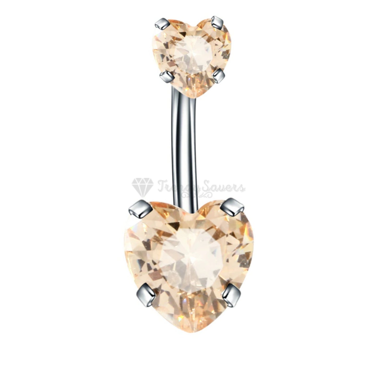 Hypoallergenic Champagne CZ Crystal Double Heart Barbell Belly Button Navel Ring