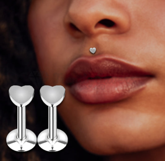 3MM Heart Shaped Silver Cartilage Labret Lip Nose Helix Stud Ring Jewelry Pair