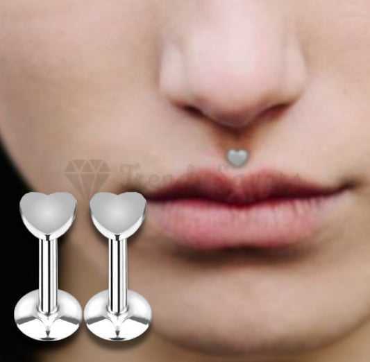 4MM Surgical Steel Silver Heart Shape Cartilage Labret Helix Nose Stud Ring Pair