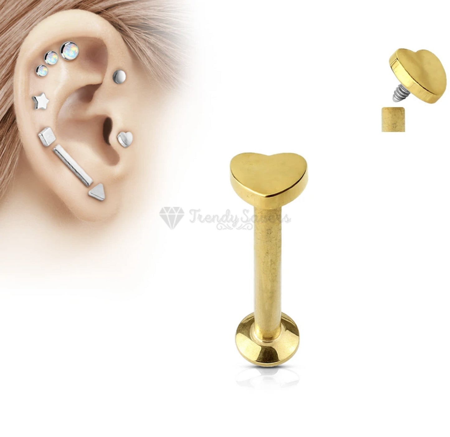 4MM Smooth Gold Finish Love Heart Helix Tragus Earring Stud Labret Lip Ring Pair