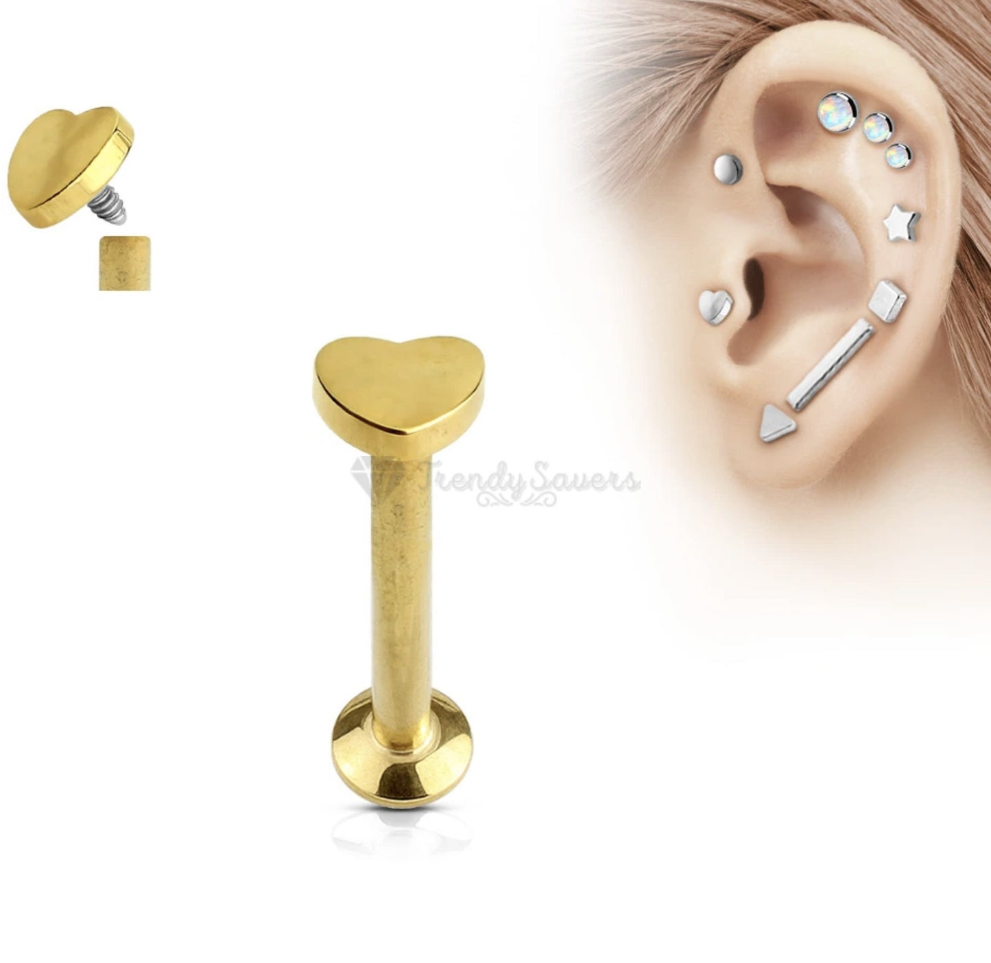 4MM Smooth Gold Finish Love Heart Helix Tragus Earring Stud Labret Lip Ring Pair