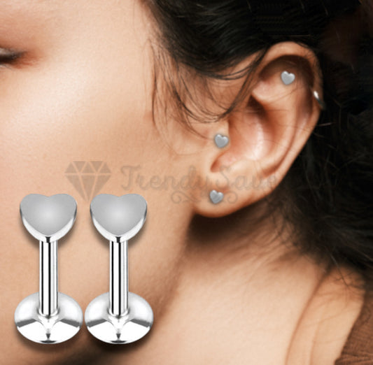 5MM Cartilage Helix Labret Monroe Ear Stud Ring Silver Heart Shape Piercing Pair