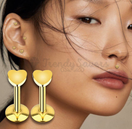 5MM Pair Heart Shaped Gold Cartilage Ear Labret Monroe Nose Lip Tragus Stud Ring
