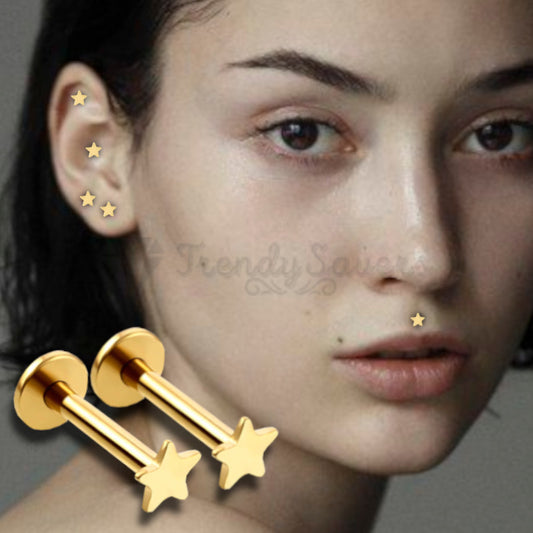 4MM Cartilage Forward Helix Labret Monroe Gold Stud Piercing Pair Hypoallergenic