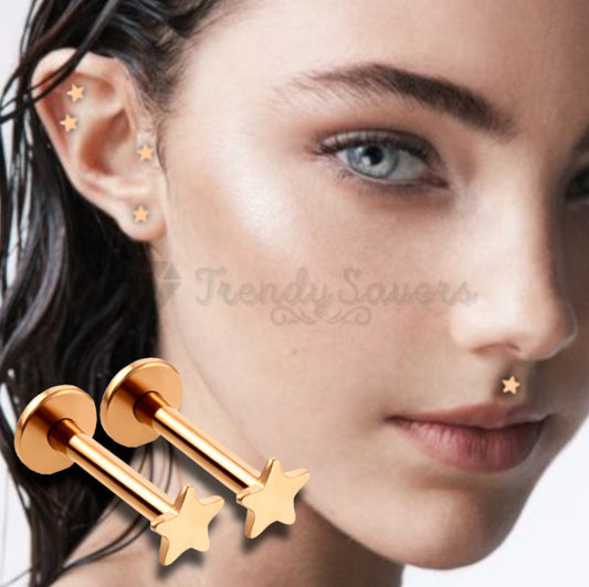5MM Pair Star Cartilage Ear Labret Monroe Nose Lip Tragus Rose Gold Stud Ring