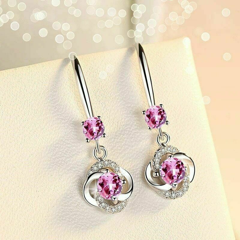 Women Girls Pink 925 Sterling Silver Boho Crystal Drop Dangle Earrings Jewellry
