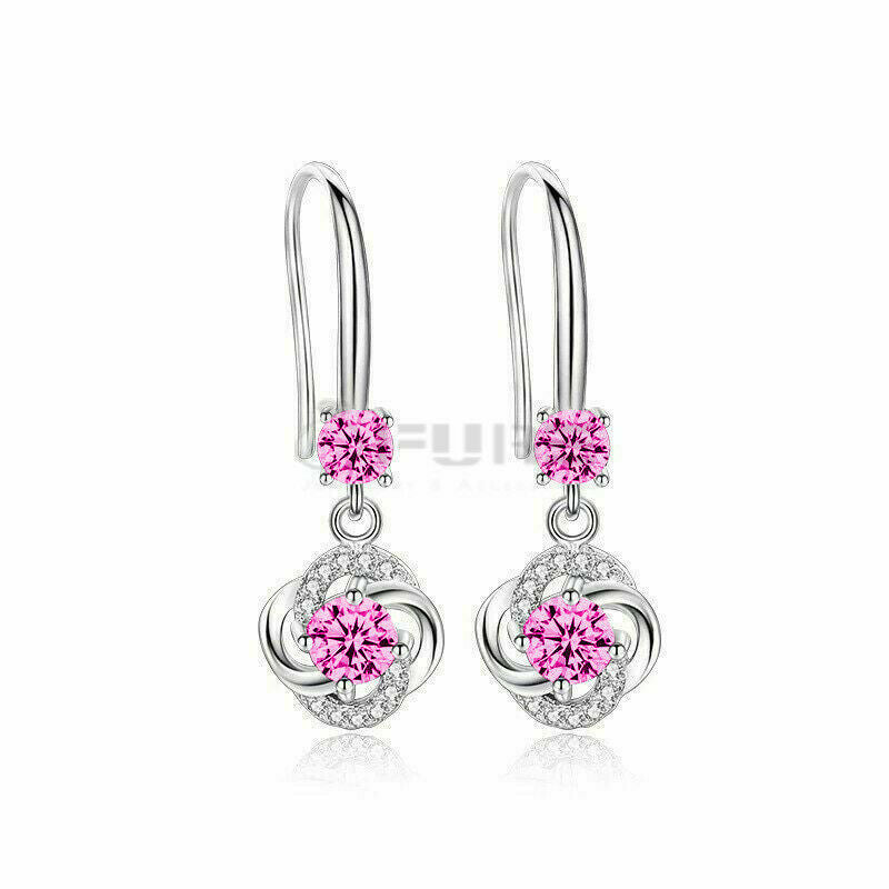 Women Girls Pink 925 Sterling Silver Boho Crystal Drop Dangle Earrings Jewellry