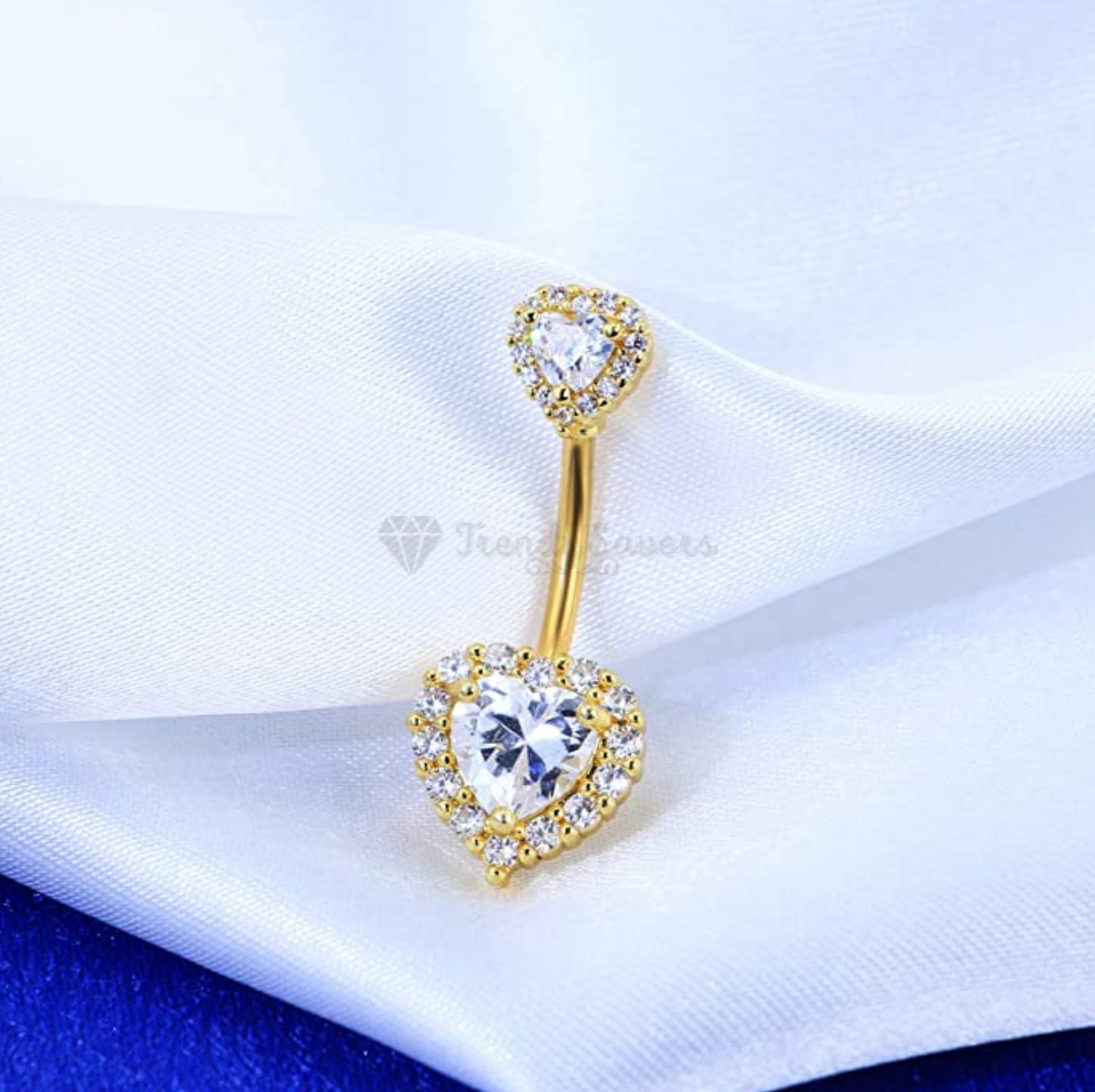 Hypoallergenic Gold Plated Two Heart Shaped Cubic Zircon Belly Button Stud Ring