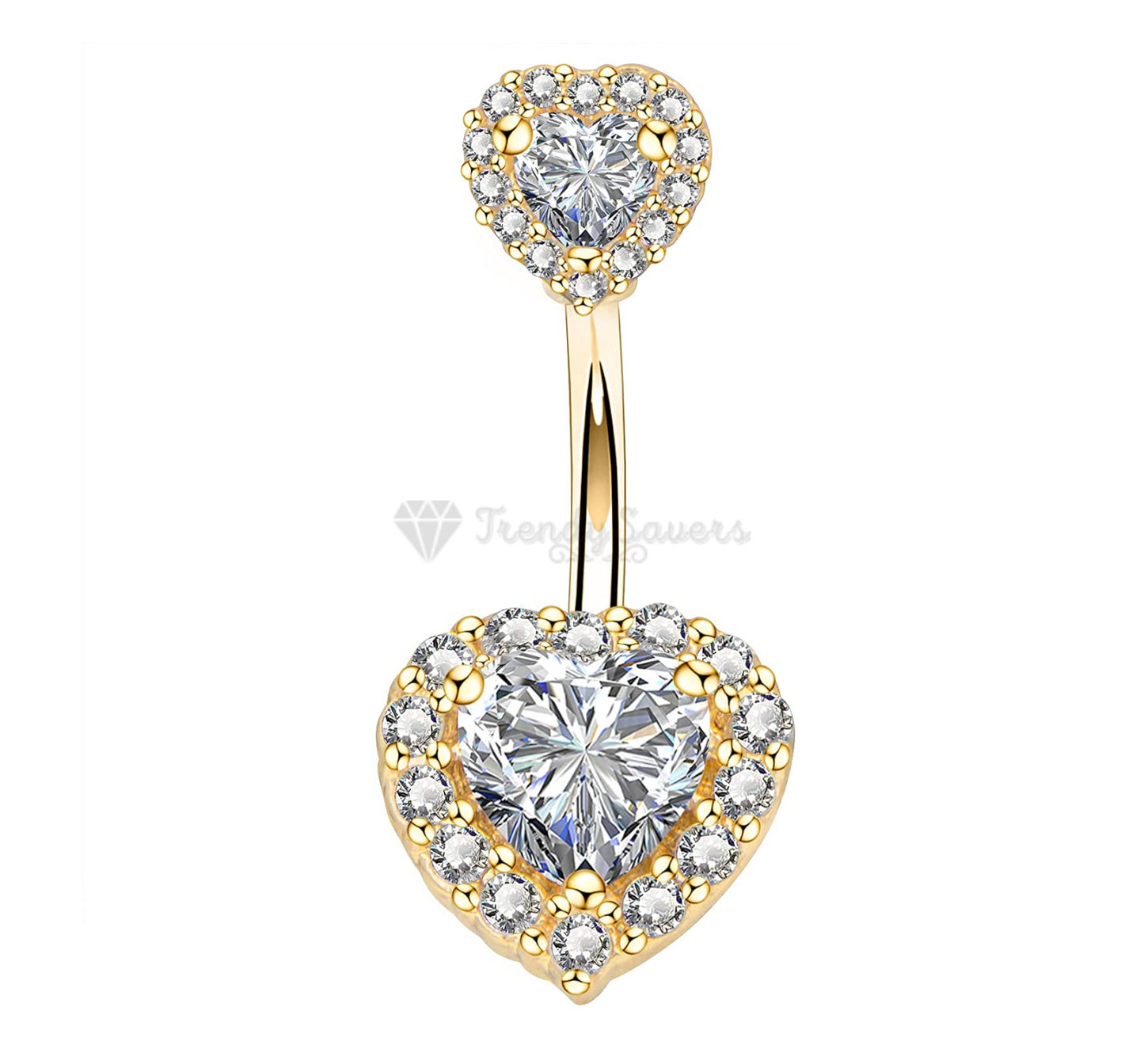 Hypoallergenic Gold Plated Two Heart Shaped Cubic Zircon Belly Button Stud Ring