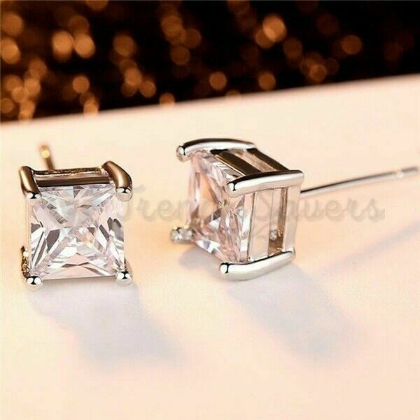 5MM Pair Solid White Gold Plated Cubic Zirconia Square Stud Earrings Jewellery