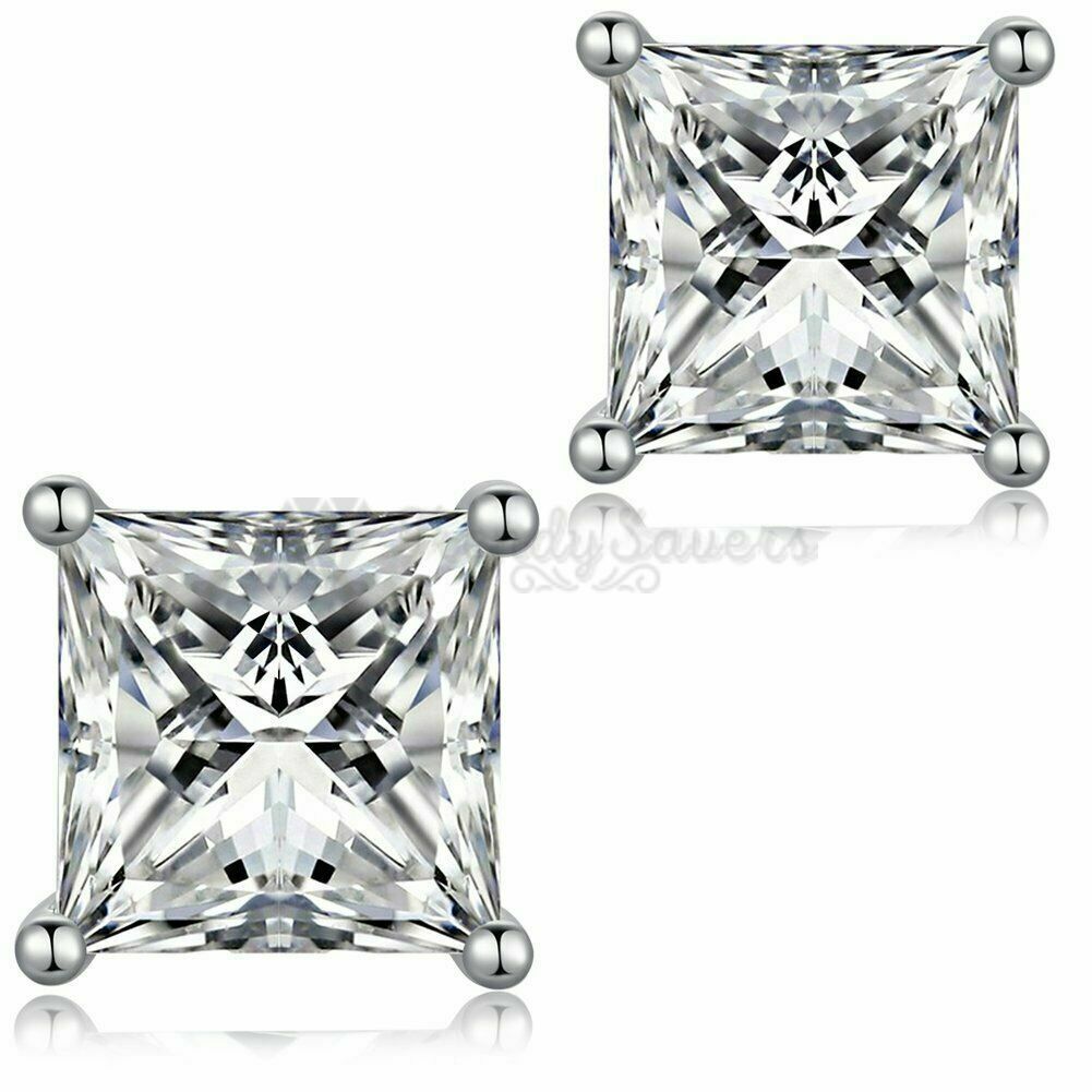 6MM Princess Cut Square Cubic Zirconia CZ Basket Set Silver Unisex Stud Earrings