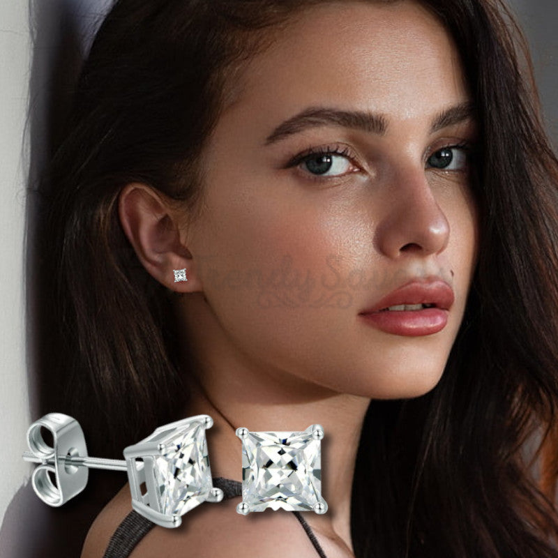 6MM Princess Cut Square Cubic Zirconia CZ Basket Set Silver Unisex Stud Earrings