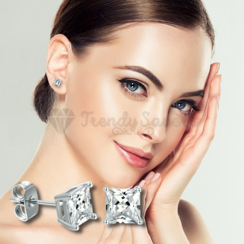 8MM Big Square Cut Cubic Zirconia Ear Studs Earrings Solid Silver Womens Jewelry