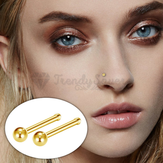 18K Solid Gold On 925 Sterling Silver Nose Stud Unisex Pin Ball Piercing 2.5MM