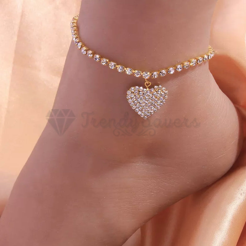 18ct Gold Plated 925 Sterling Silver Foot Bracelet Heart Pendant Anklet Jewelry