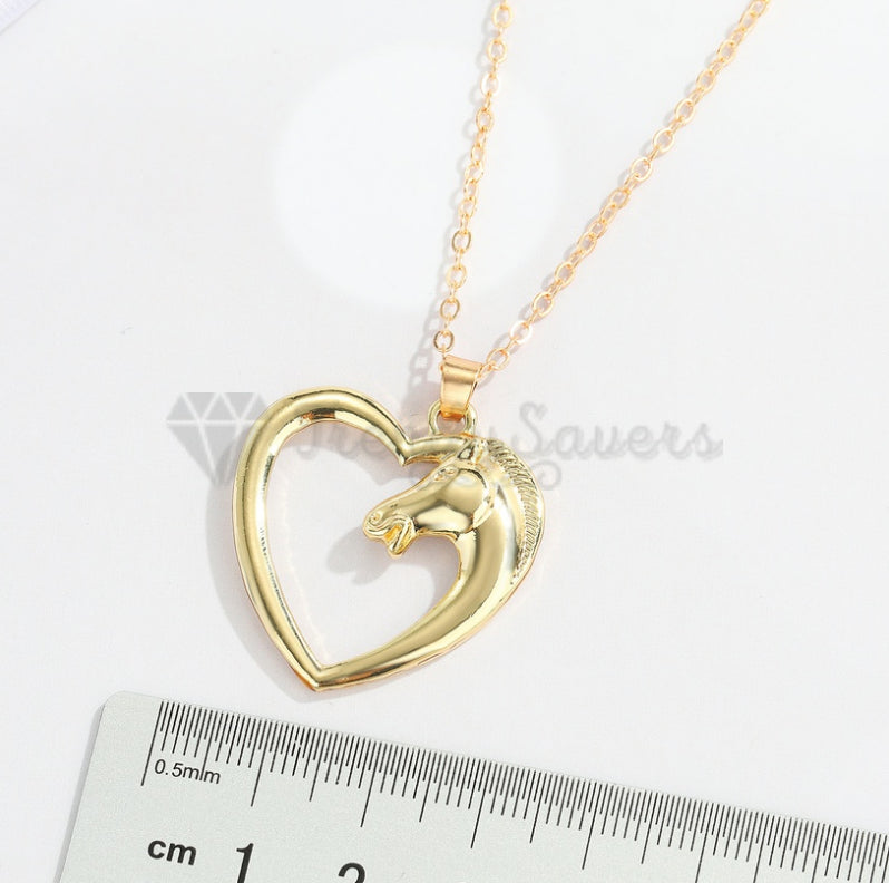 Lucky Charm Horse Head Hollow Heart Pendant Box Chain 18ct Gold Plated Necklace