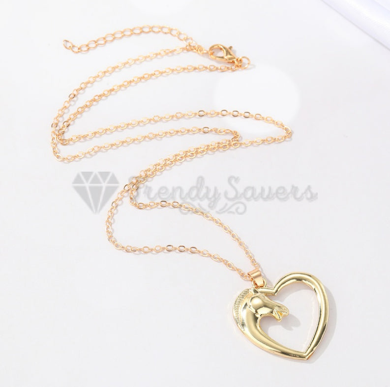 Lucky Charm Horse Head Hollow Heart Pendant Box Chain 18ct Gold Plated Necklace