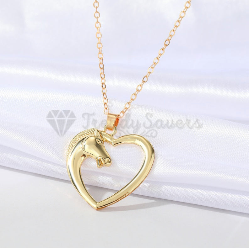 Lucky Charm Horse Head Hollow Heart Pendant Box Chain 18ct Gold Plated Necklace