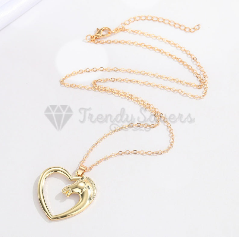 Lucky Charm Horse Head Hollow Heart Pendant Box Chain 18ct Gold Plated Necklace