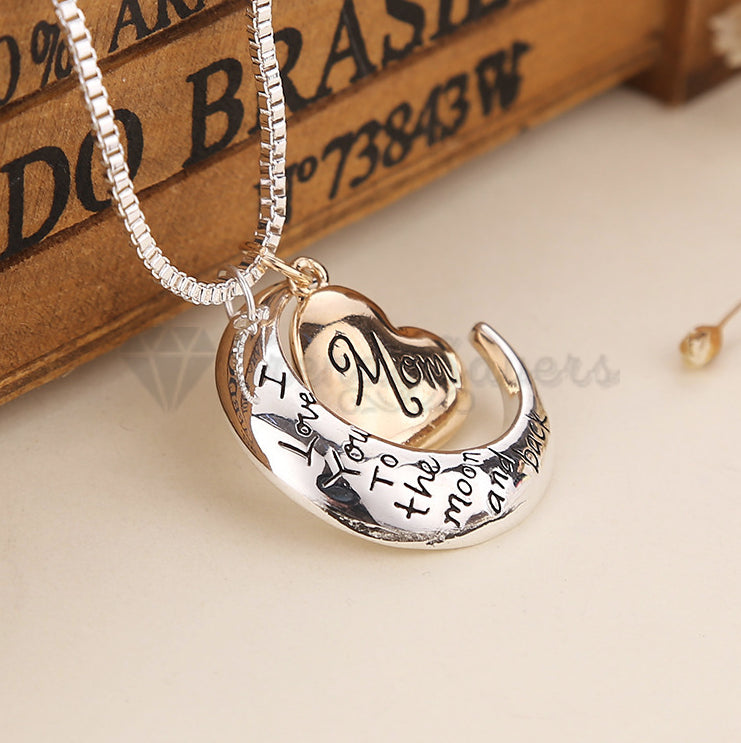 18ct Gold Plated I Love You Mom Moon Heart Pendants Silver Chain Women Necklace