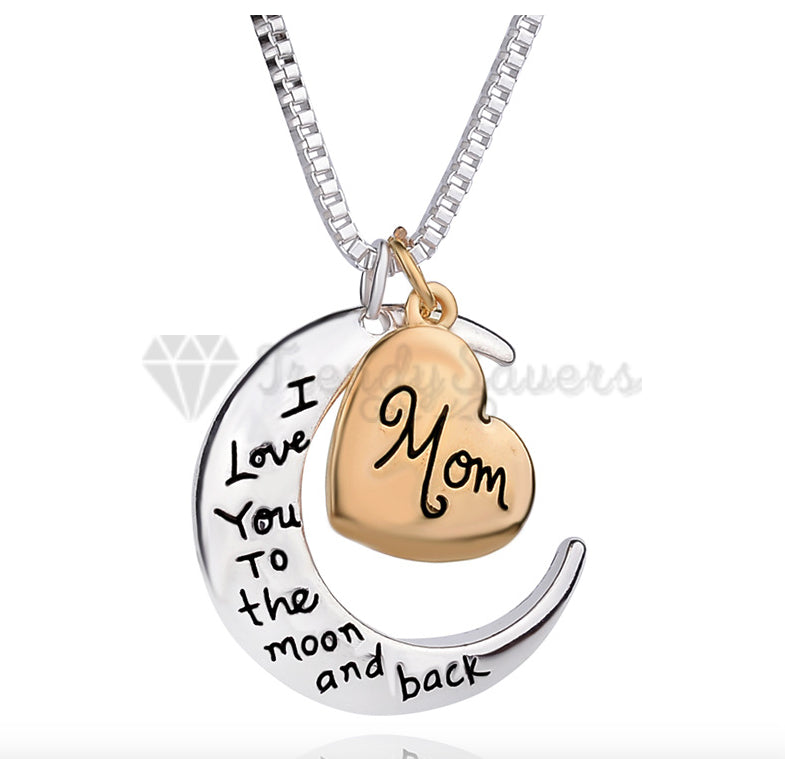 18ct Gold Plated I Love You Mom Moon Heart Pendants Silver Chain Women Necklace