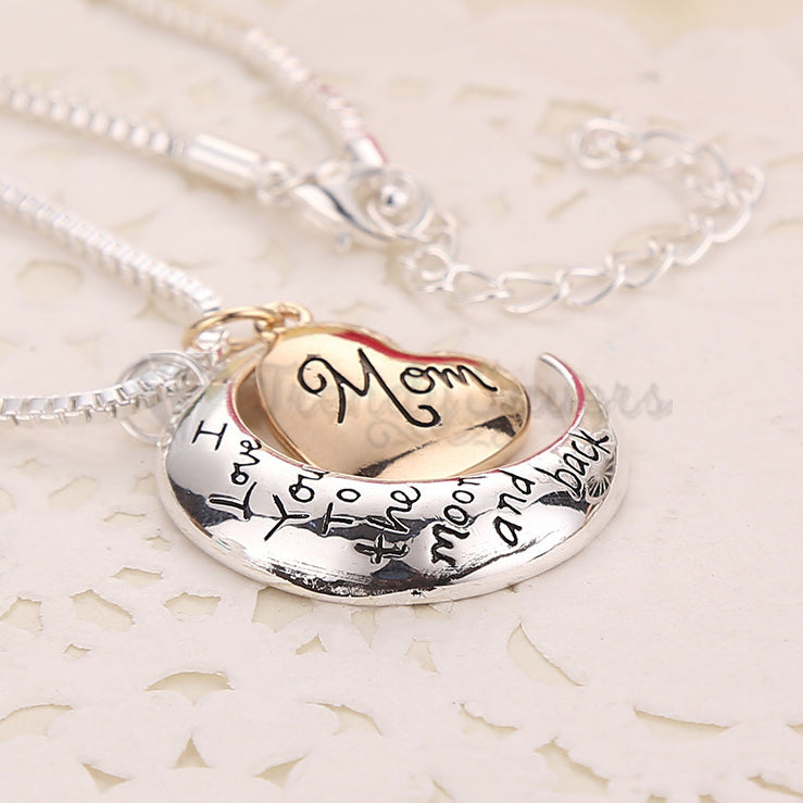 18ct Gold Plated I Love You Mom Moon Heart Pendants Silver Chain Women Necklace