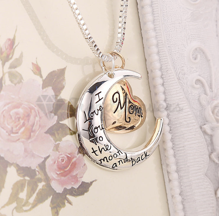 18ct Gold Plated I Love You Mom Moon Heart Pendants Silver Chain Women Necklace