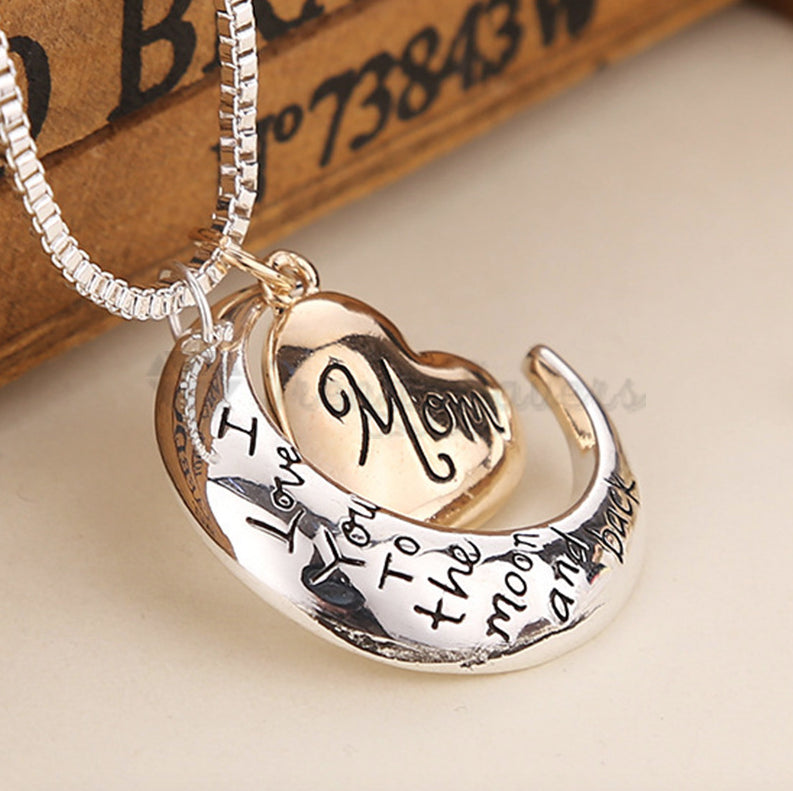 18ct Gold Plated I Love You Mom Moon Heart Pendants Silver Chain Women Necklace