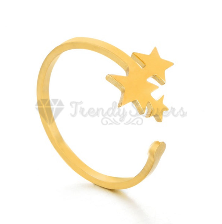 18K Gold Plated Stainless Steel Triple Star Adjustable Band Fashion Ring Jewelry