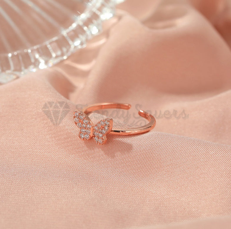 18K Rose Gold Plated Tiny CZ Crystal Butterfly Adjustable Open Band Promise Ring
