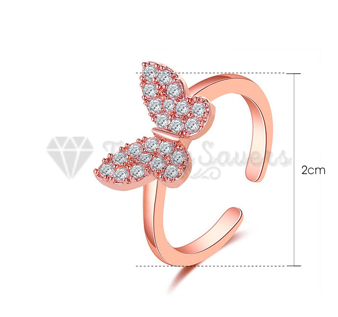 18K Rose Gold Plated Tiny CZ Crystal Butterfly Adjustable Open Band Promise Ring