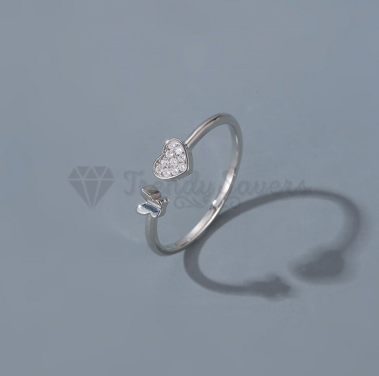 18ct White Gold Plated Butterfly Heart Design Open Adjustable Promise Ring Band