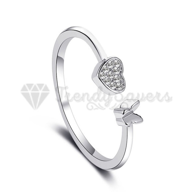 18ct White Gold Plated Butterfly Heart Design Open Adjustable Promise Ring Band