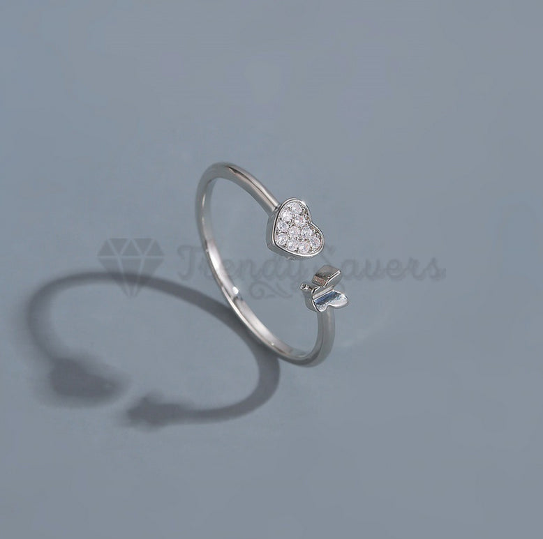 18ct White Gold Plated Butterfly Heart Design Open Adjustable Promise Ring Band