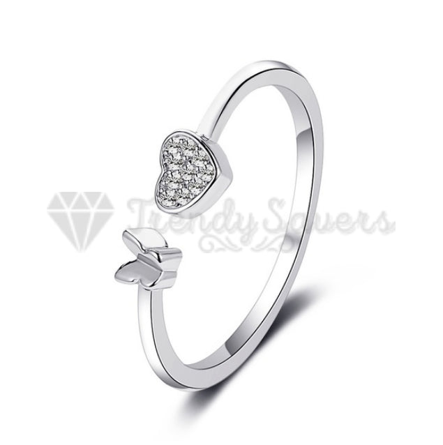 18ct White Gold Plated Butterfly Heart Design Open Adjustable Promise Ring Band