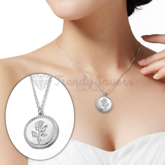 14ct White Gold Plated Flower Engraved Disc Round Coin Pendant Silver Necklace