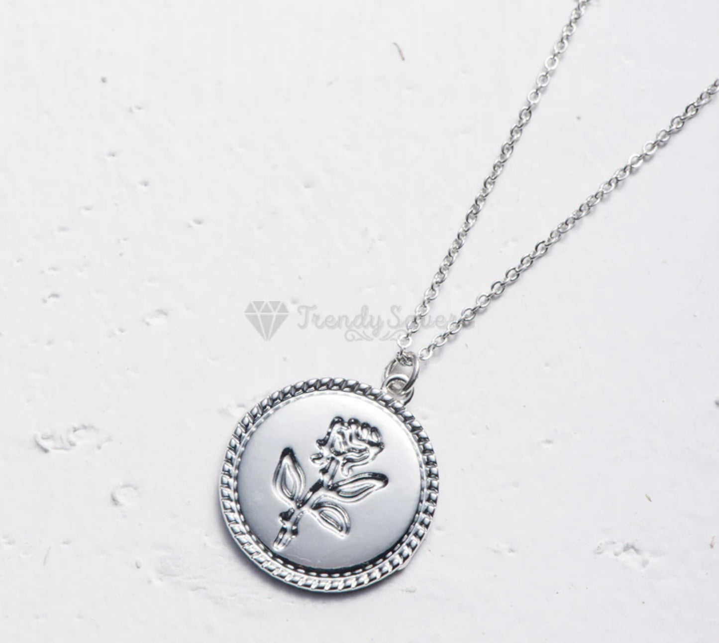 14ct White Gold Plated Flower Engraved Disc Round Coin Pendant Silver Necklace