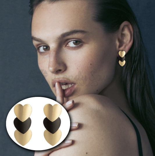 Retro Chic Triple Yellow Black Hearts Ear Stud 18ct Gold Plated Fashion Earrings