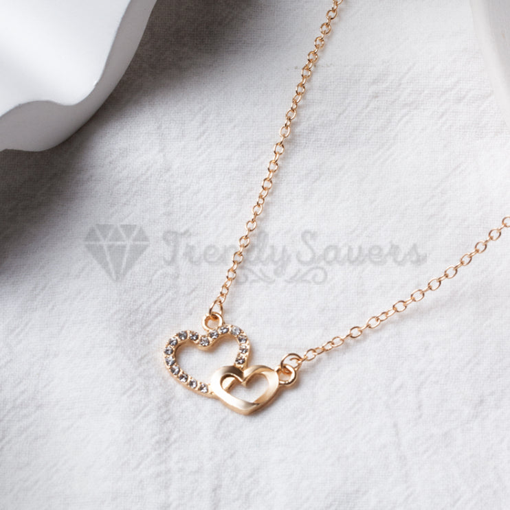 Women Classic Cubic Zirconia Double Hearts Pendant Gold Clavicle Chain Necklace