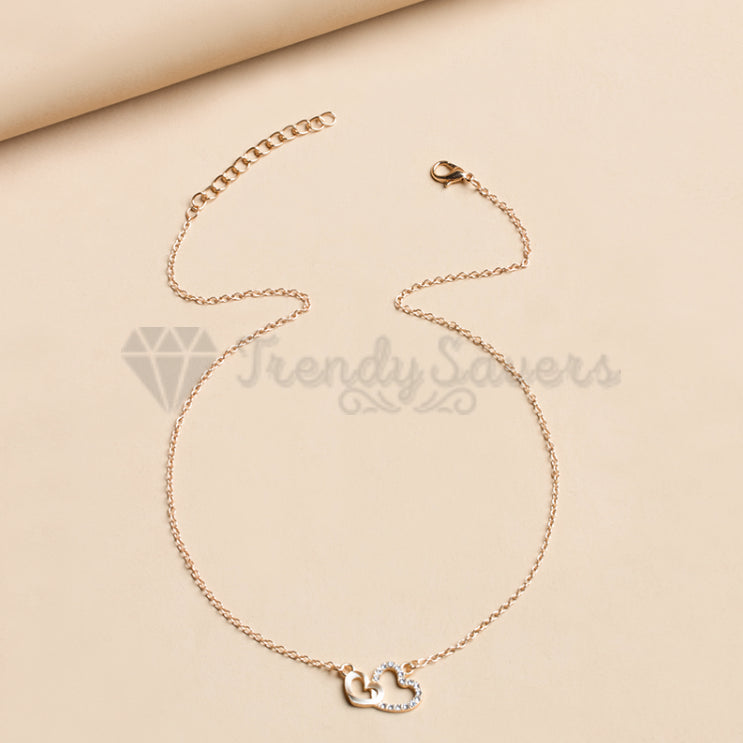 Women Classic Cubic Zirconia Double Hearts Pendant Gold Clavicle Chain Necklace