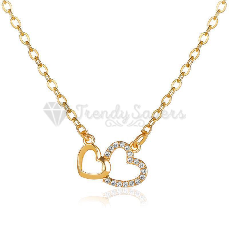 Women Classic Cubic Zirconia Double Hearts Pendant Gold Clavicle Chain Necklace