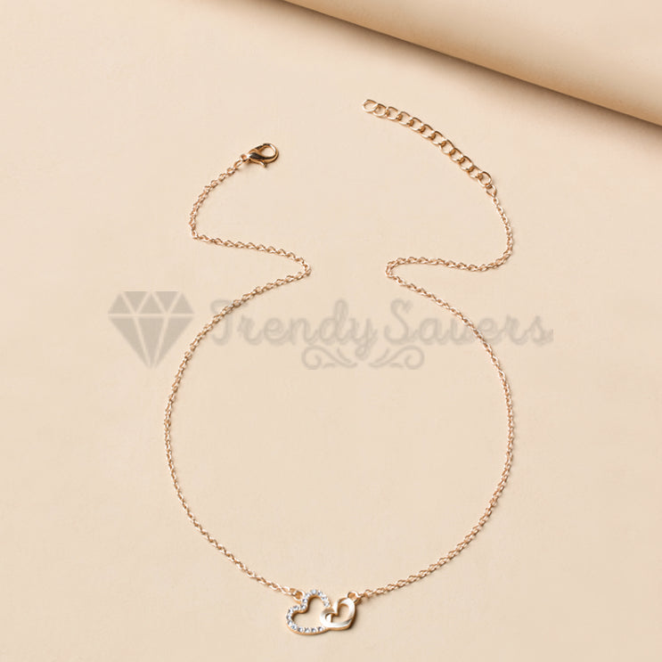 Women Classic Cubic Zirconia Double Hearts Pendant Gold Clavicle Chain Necklace