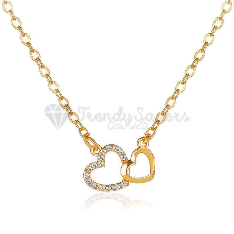 Women Classic Cubic Zirconia Double Hearts Pendant Gold Clavicle Chain Necklace