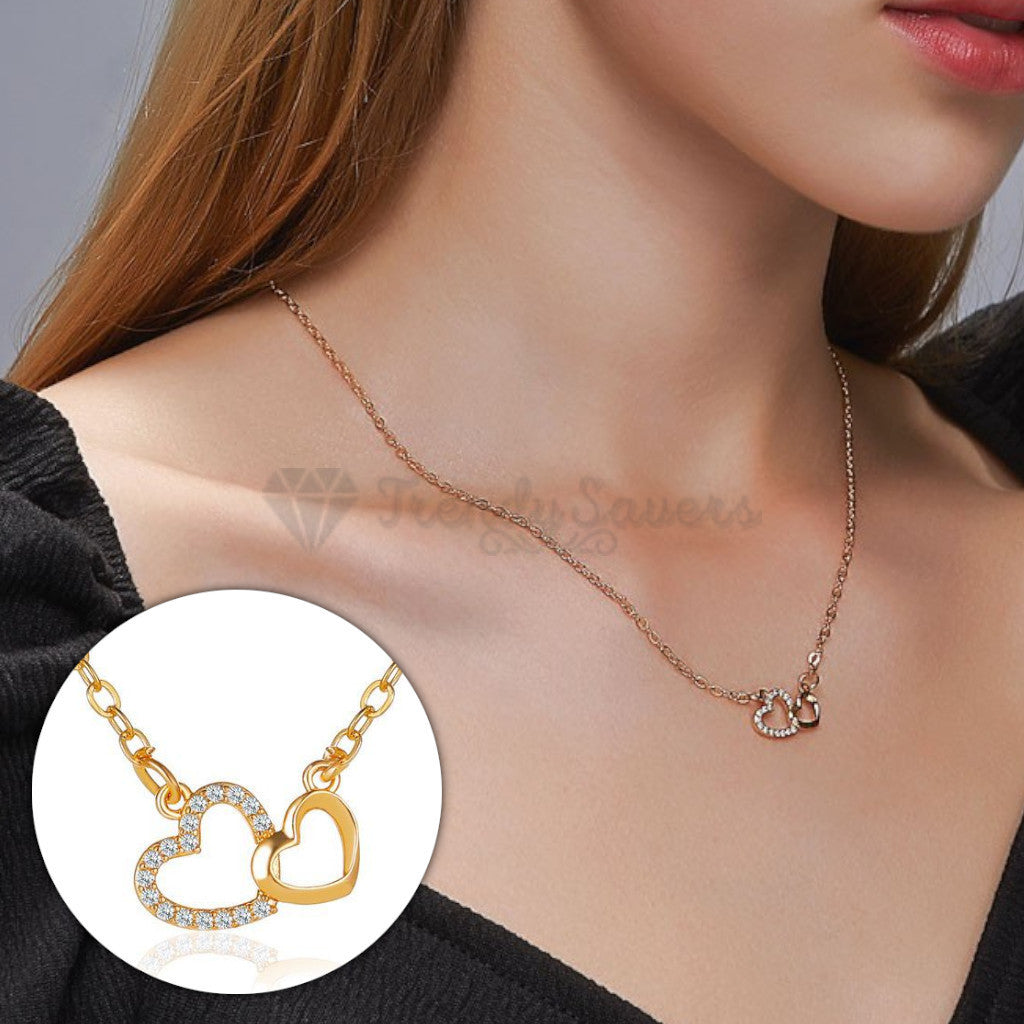 Women Classic Cubic Zirconia Double Hearts Pendant Gold Clavicle Chain Necklace