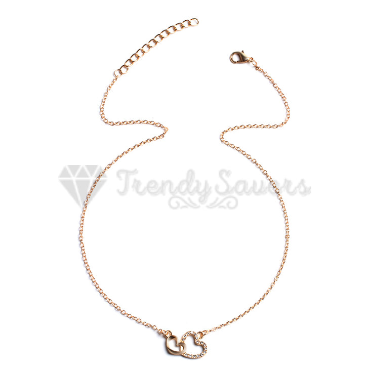 Women Classic Cubic Zirconia Double Hearts Pendant Gold Clavicle Chain Necklace