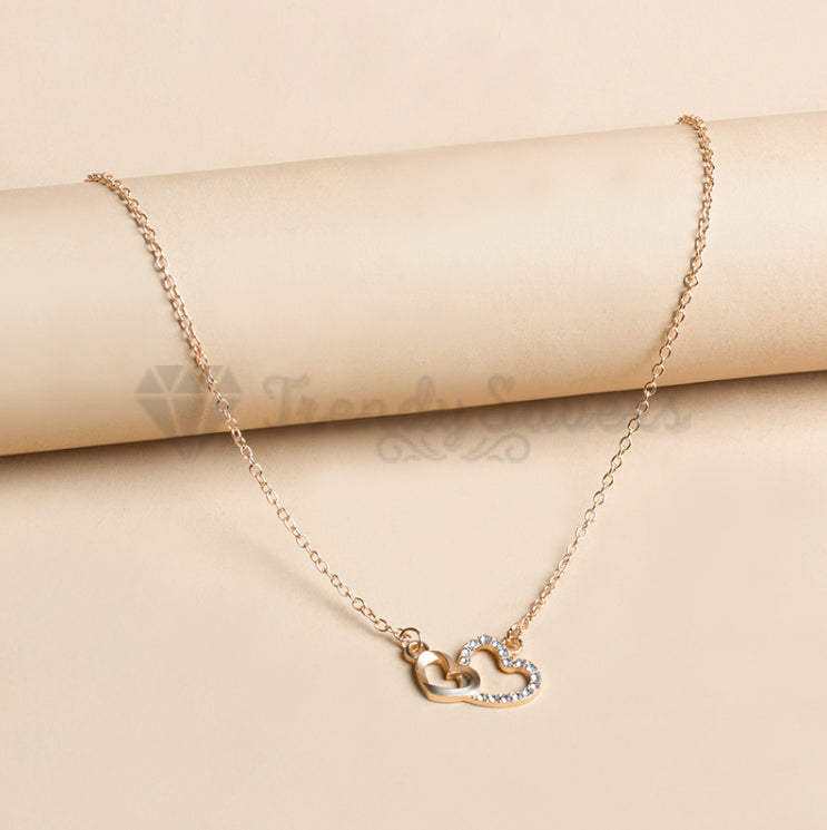 Women Classic Cubic Zirconia Double Hearts Pendant Gold Clavicle Chain Necklace